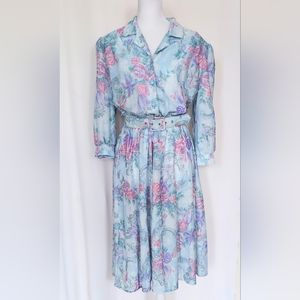 California Looks 6P Petite Long Sleeve Blue Purple Floral Belted Dress Vintage